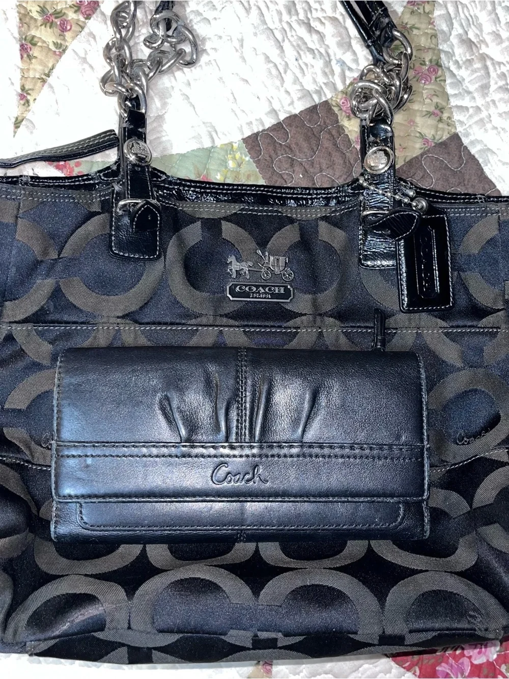 Coach Black Signature Canvas Satchel with Silver-Tone Chain Handles & Wallet